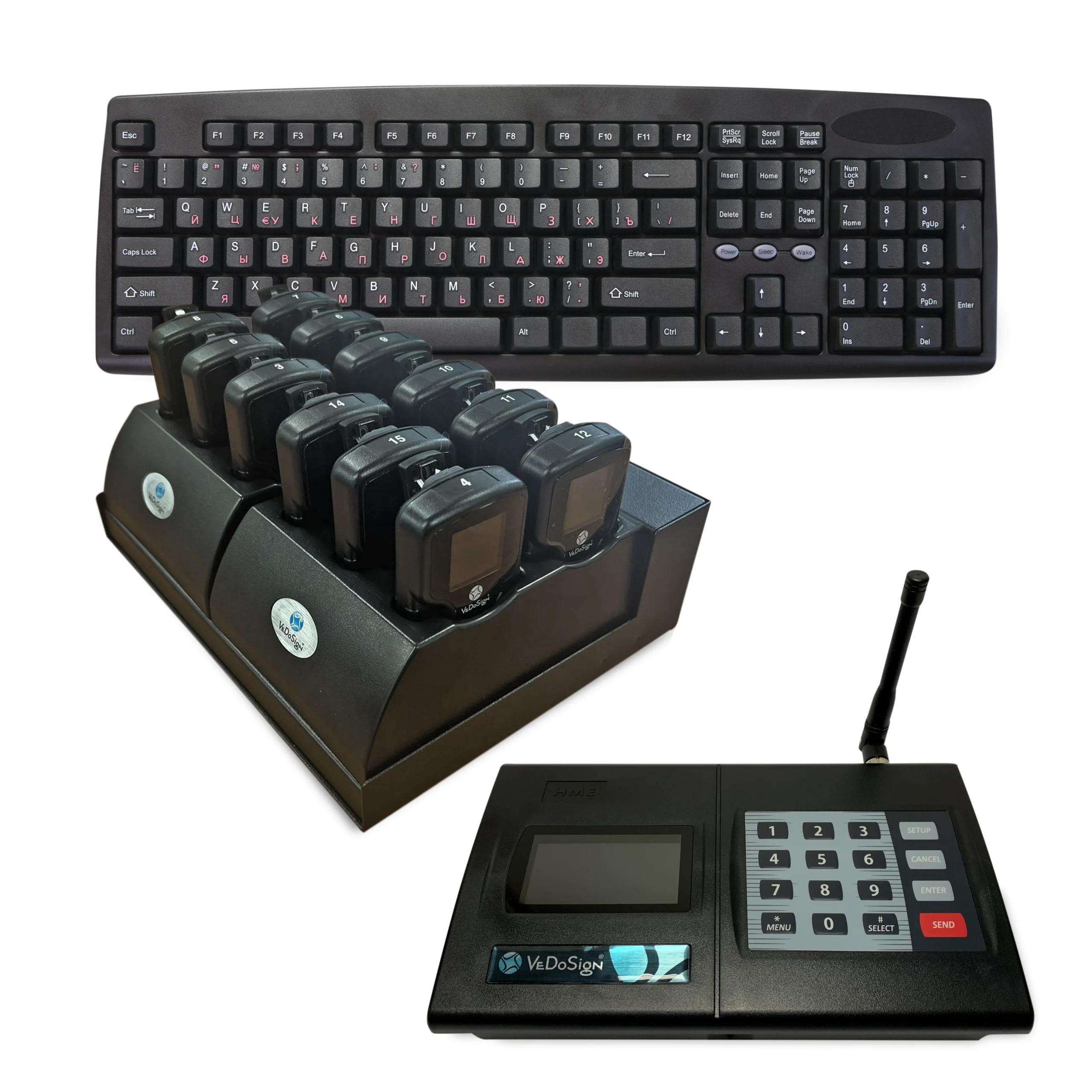 Compleet SmartCall Systeem Met 12 SmartCall Colour Belt Pagers En I Station Premium Transmitter Netwerk transmitter I-Station De I-Station is een netwerk transmitter die via uw LAN-netwerk alle HME pagers op deze website kan aansturen, zoals coasters, IQ- en tekstpagers. Ideaal voor directe oproepen vanuit een kassa of keukenscherm, maar ook voor het versturen van tekstberichten vanuit uw eigen software. Veel toegepast in de logistiek (chauffeursoproep) en zorg (patiëntenoproep). Voor grotere afstanden kunnen meerdere I-Stations via multicast IP berichten versturen. Dit systeem wordt geleverd met toetsenbord, heeft gesloten toetsen (eenvoudig te reinigen) en is klaar voor gebruik na aansluiting op netstroom. U kunt het apparaat ophangen of neerzetten, en er is geen limiet aan het aantal pagers dat kan worden aangestuurd.