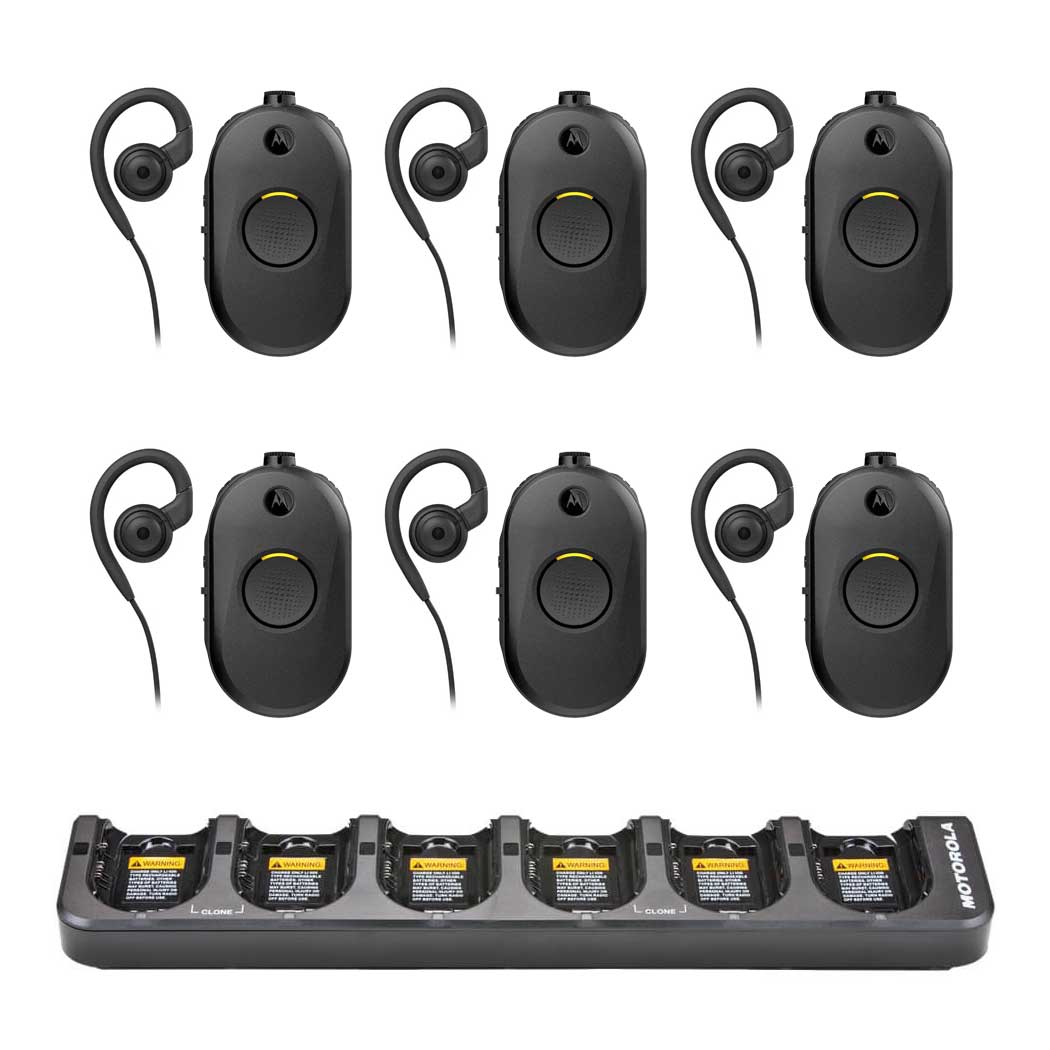 Set Van 6 Motorola CLPe Portofoons Met Oortjes En Multilader Set Van 6 Motorola CLPe Portofoons Met Oortjes En Multilader