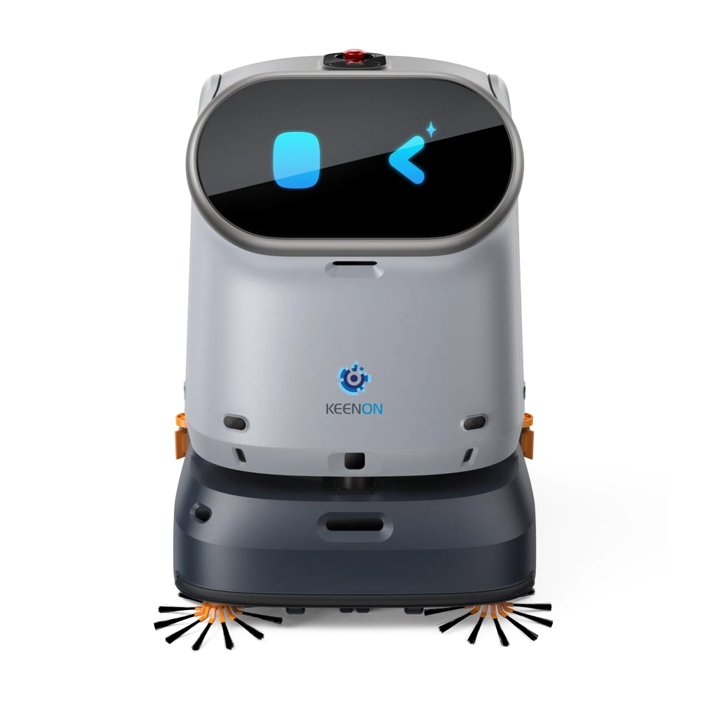 Keenon C40 Compacte Schoonmaakrobot Veegt, Stofzuigt, Schrobt En Stoft Voorzijde Keenon C40 Compacte Schoonmaakrobot Veegt, Stofzuigt, Schrobt En Stoft Voorzijde