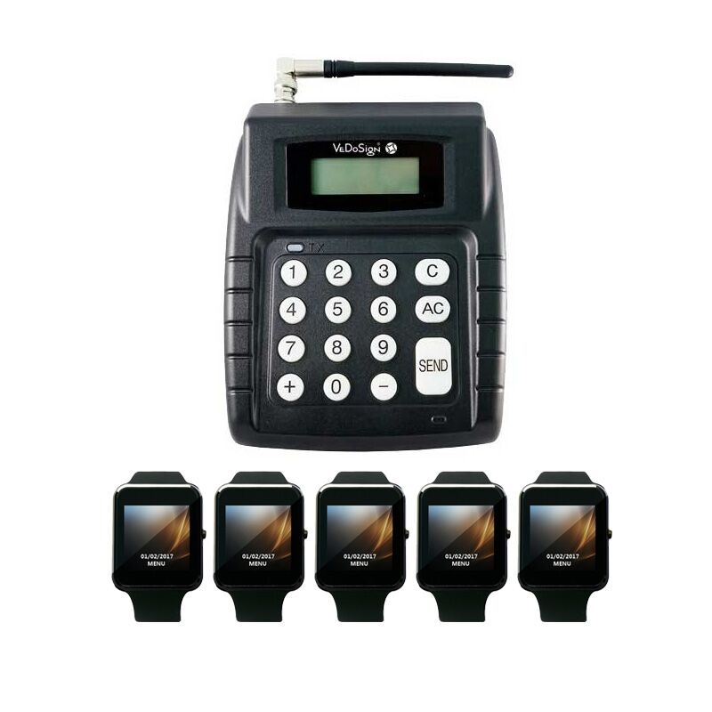 Compleet Pager Systeem Met 5 Smartwatch POCSAG Pagers Horloges Compleet Pager Systeem Met 5 Smartwatch POCSAG Pagers Horloges