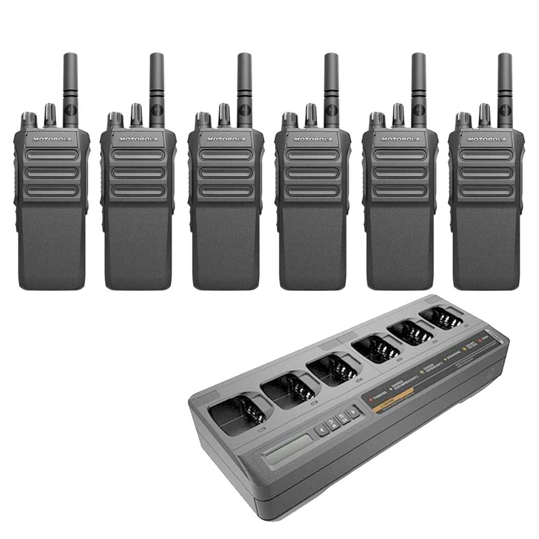 Set Van 6 Motorola R7 Non Keypad UHF Portofoons Met Multilader Set Van 6 Motorola R7 Non Keypad UHF Portofoons Met Multilader